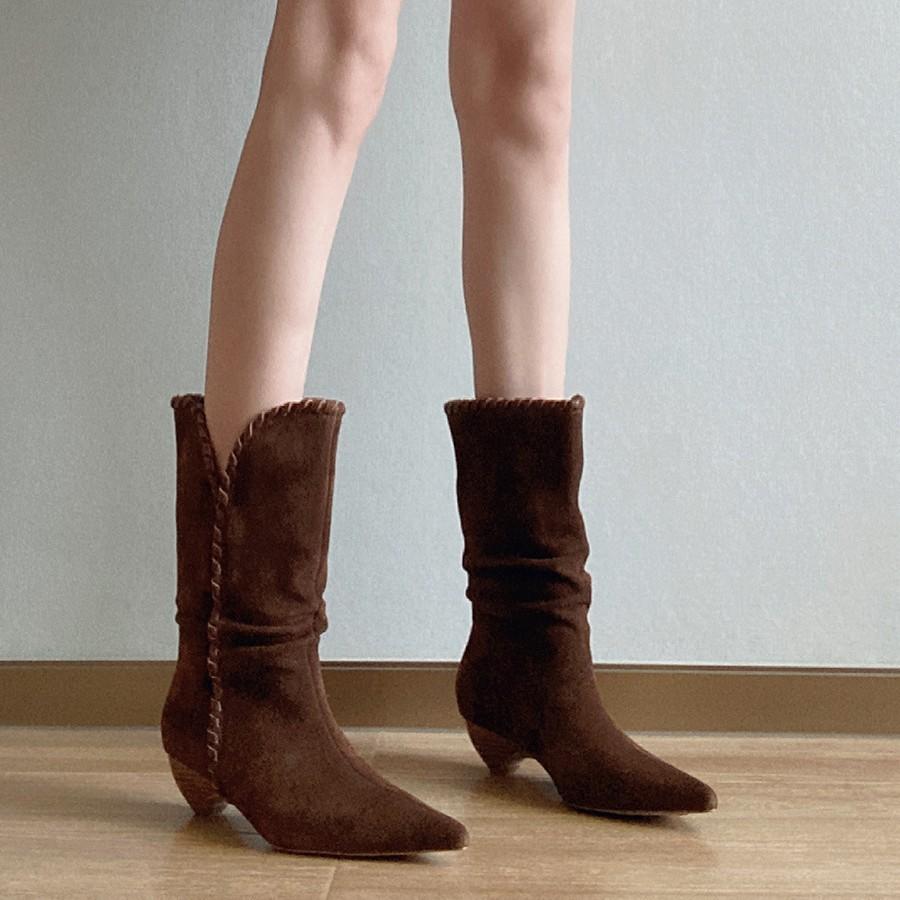Suding Home~ Niche Pointed Head Retro Woven V-mouth Thin Cowboy Boots Thick Heel Pleated Medium Tube One Pedal Stacking Boots