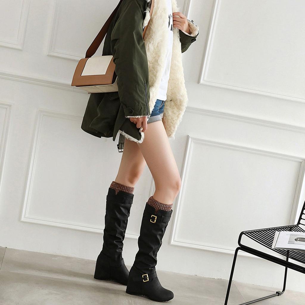 Women's Slip-On Wedges Knee Bare Boots Square Heel Casual Middle Booties