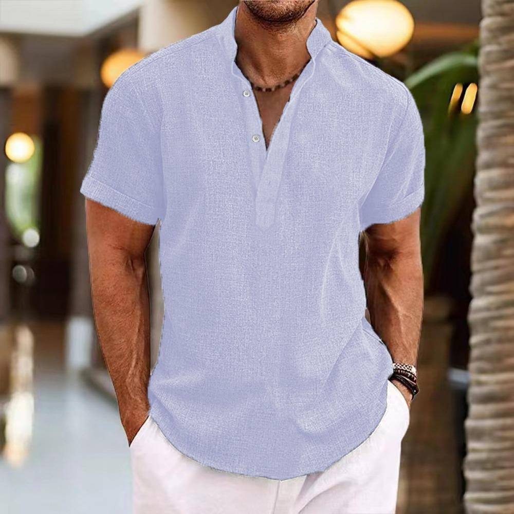 Men's Short Sleeved Stand Up Collar Top Pullover Cardigan