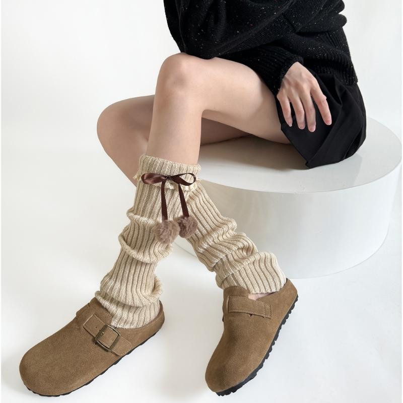 Fashionable Plush Balls Bows Adorned Leg Warmers with Lace Details for Women's Knitted Turn Cuffs Leg Covers Sleeves