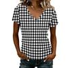 Women’s Fashionable Casual V-neck Short-sleeved Check Print Slim-fit Lightweight T-shirt Top
