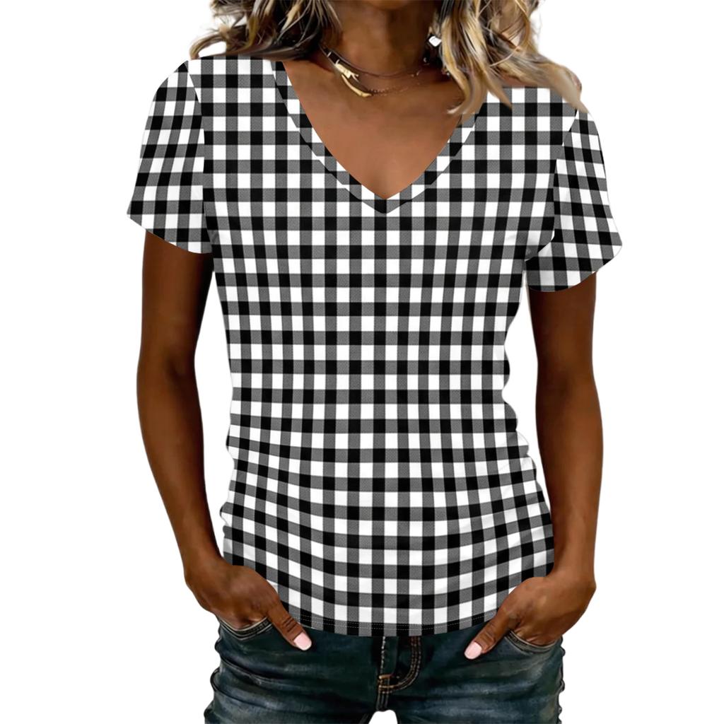 Women’s Fashionable Casual V-neck Short-sleeved Check Print Slim-fit Lightweight T-shirt Top
