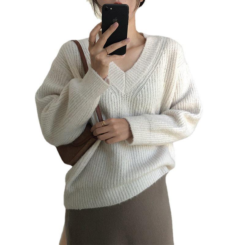 2024 Retro V-Neck Loose Knit Sweater for Women - Japanese Korean Style, Autumn/Winter