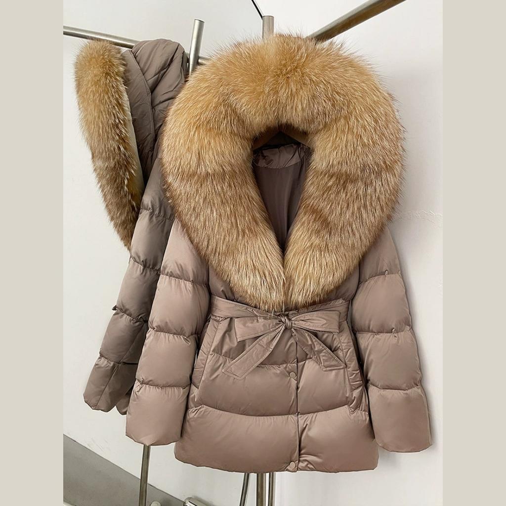 Winter Fox Big Fur Collar High-end Thickened Down Jacket Women's Mid-length Waist Imitation Leather Jacket