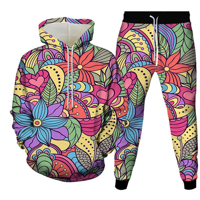 Fashion Floral Flower 3D Print Hoodies Pant Sets Men's Sweatshirts Sweatpants Streetwear Two Piece Suits Tracksuit Man Clothing