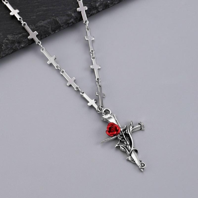 Alloy Rose Crucifix Pendant Necklace For Everyday Wear Religious Symbol Jewelry Gift With Adjustable Chain Design