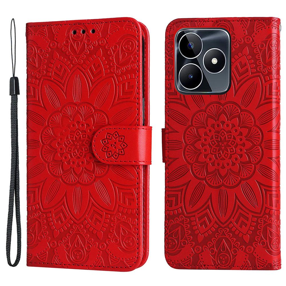 

For Realme C53 (Global)/C53 (India)/C51/Narzo N53 4G Sunflower Imprinted Stand PU Leather Cover Wallet Drop-proof Case Red