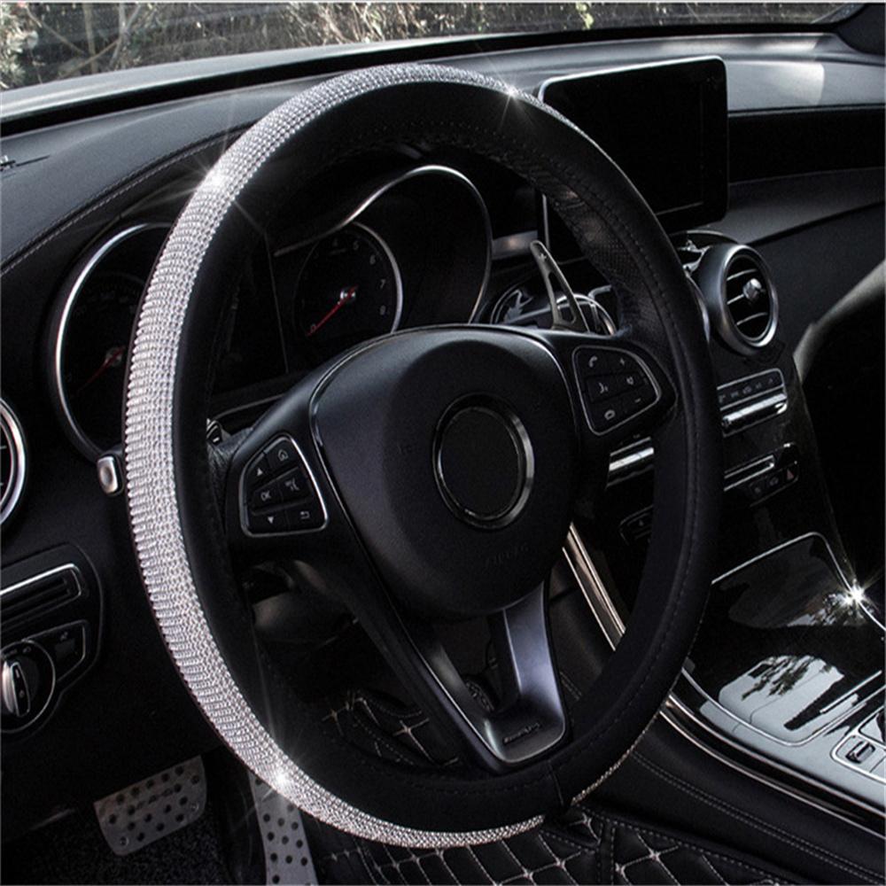 Schwarz 15'' 38cm PU Leder Kristall Auto Lenkradbezug mit Bling Strass