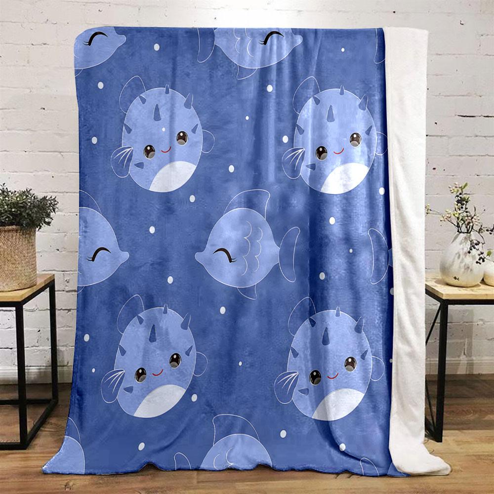 Cute Blue Fish Cartoon Pattern Print Blanket Soft and Cozy Perfect for the Living Room Bed Sofa or a Nap,gift