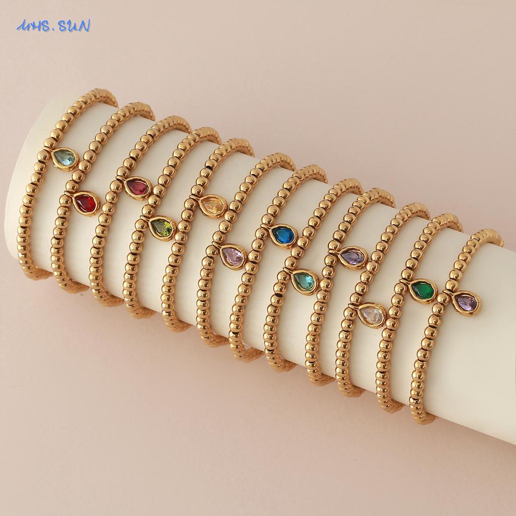 MHS.SUN Stainless Steel Gold Plated 12 Months Birthstone Beaded Bracelets For Women Men Zircon Water Droplet Charm Trend Jewelry