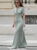 Rochie Lungă Elegantă S5 Primăvară/Vară cu Imprimeu Floral Francez, Decolteu Rotund, cu Nasturi