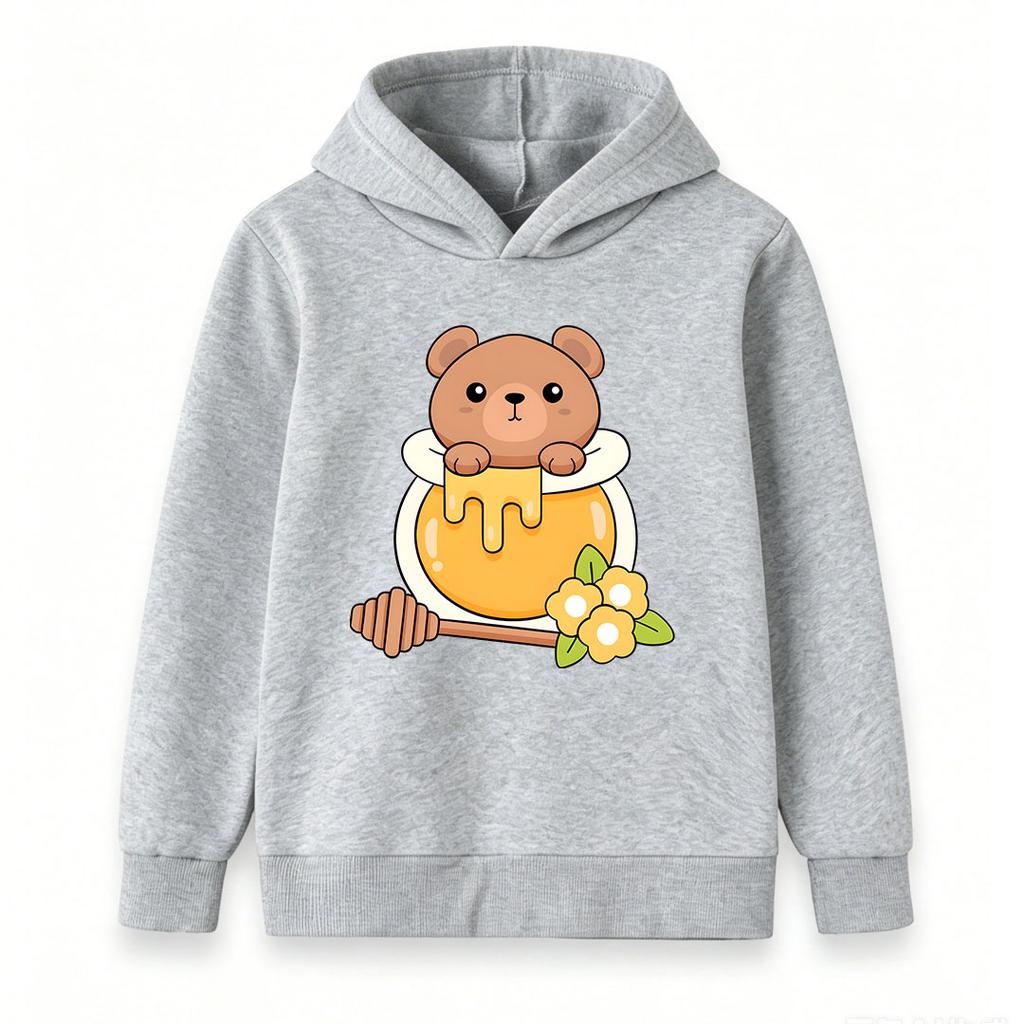 Kids Boys Girls Cute Bear In Honey Pot Print Pullover Hoodie, Casual Soft Long Sleeve Hooded Sweatshirt For Daily Wear Warm Tops For Little Honey Love