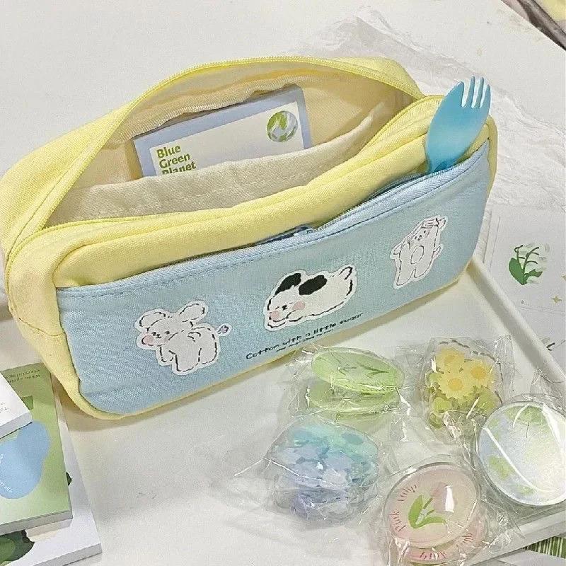 1 st Söt Krämig Gul Blå Tecknad Tre Valpar Pennskrin Stor Kapacitet Brevpapper Förvaringsväska Tillbaka till Skolan Förnödenheter