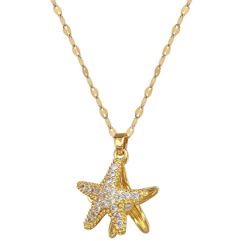 Sea Star Pearl Light Luxury Temperament Gorgeous Full Diamond Necklace Female Versatile Collarbone Chain Titanium Steel Chain