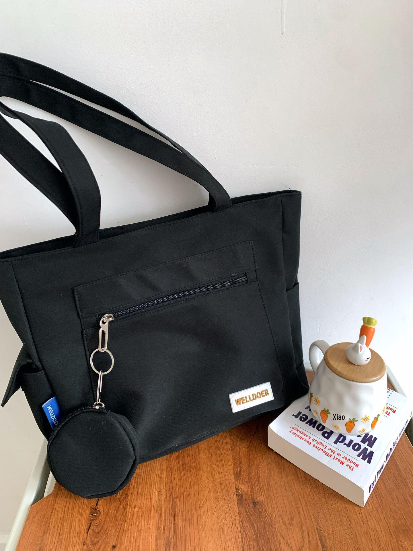 Японская минималистичная женская холщовая сумка-тоут: Вместительная наплечная сумка для книг и занятий чёрный