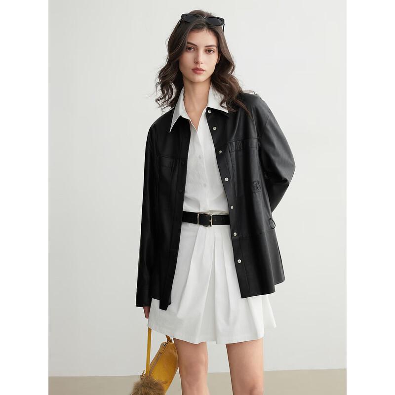 ELLE Women s Loose Fit PU Leather Shirt Jacket S