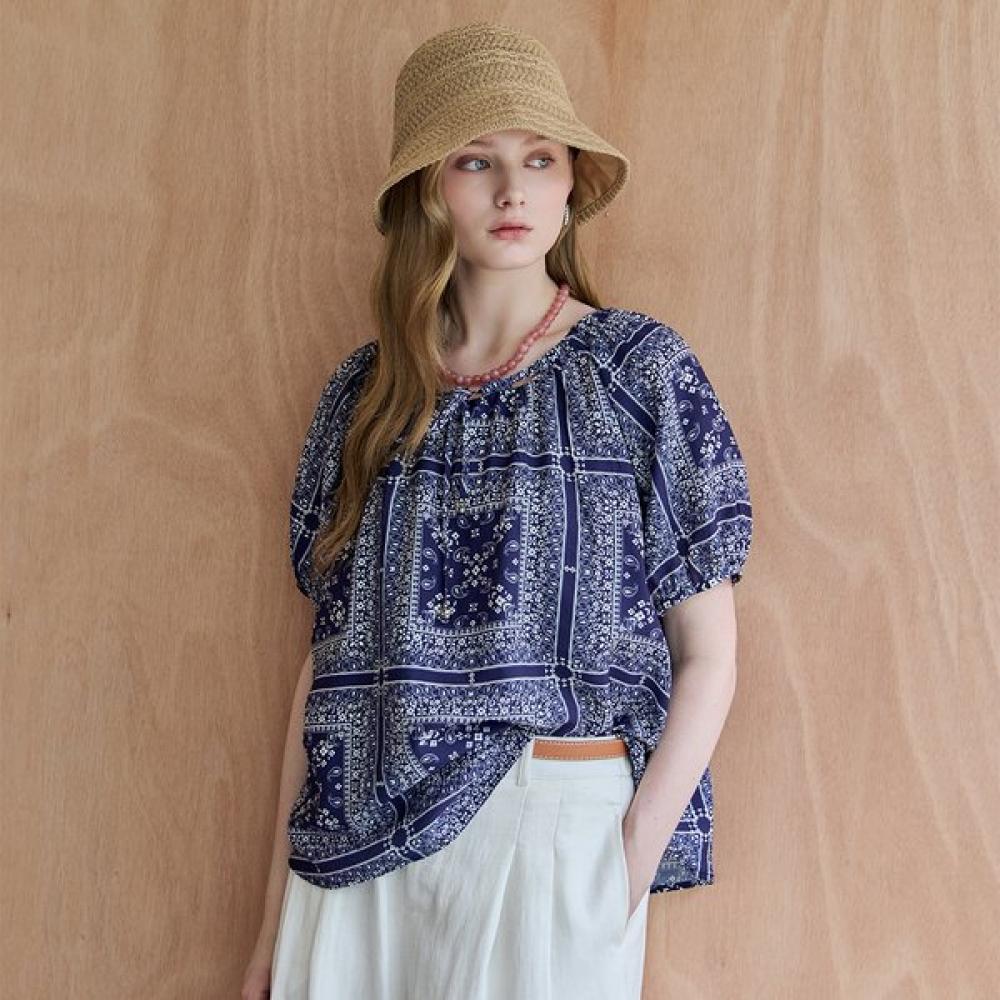 Maxza Paisley Flower Ribbon Puff Blouse navy/FREE