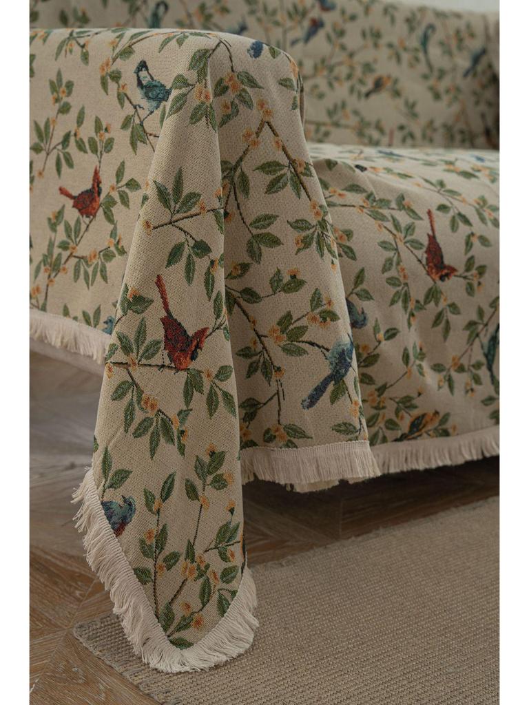 Pokrowiec żakardowy na sofę odporny na drapanie przez kota - Zielony, wzór retro kwiatowy i ptaki, świąteczny i gruby koc