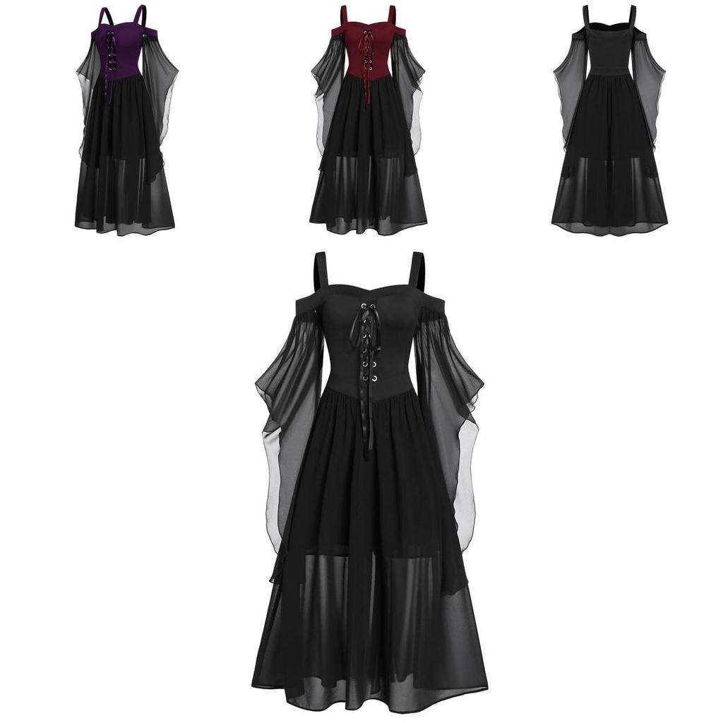 Halloween Witch Dress Gothic Medieval Cosplay Costume Off Shoulder High Quality Polyester Fabric