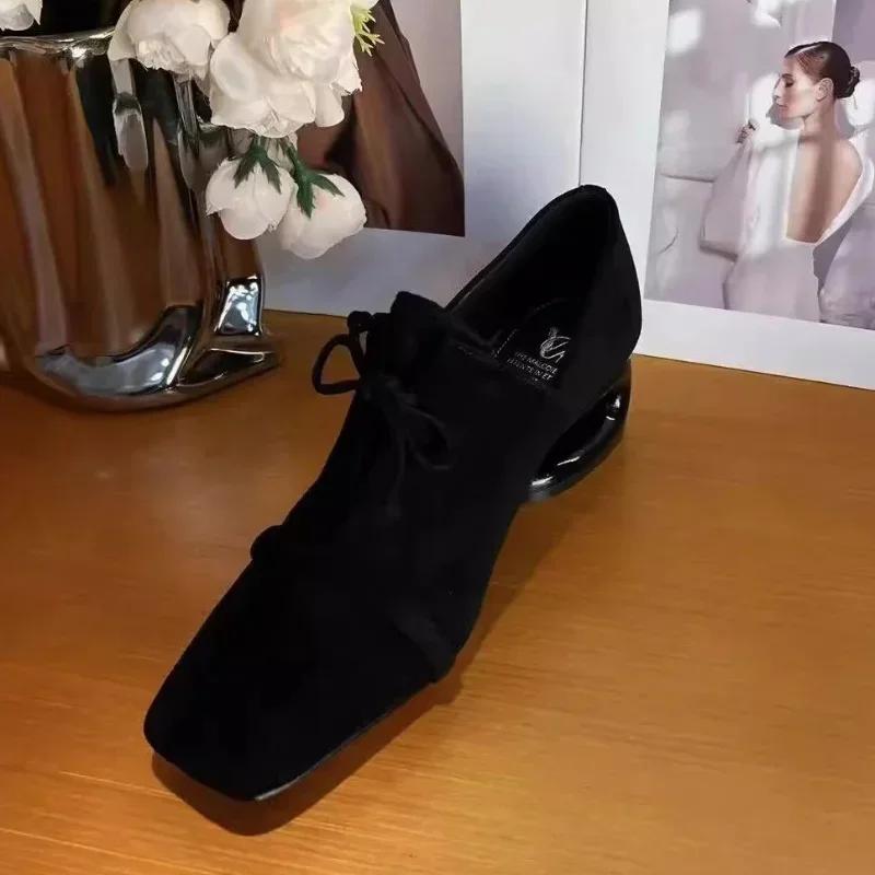 Suede Square Toe Mid Heels Shoes Women Desigenr Chunky Loafers Shoes Trend Fashion Elegant Pumps Dress New Mujer De Zapatillas