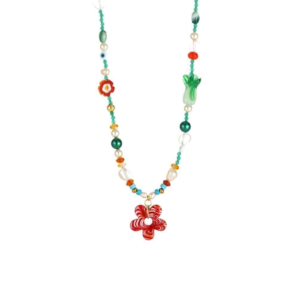 Colorful Floral Chain Choker Coloured Glaze Beads Pendant Necklace Fashion Flower Necklace  Girls