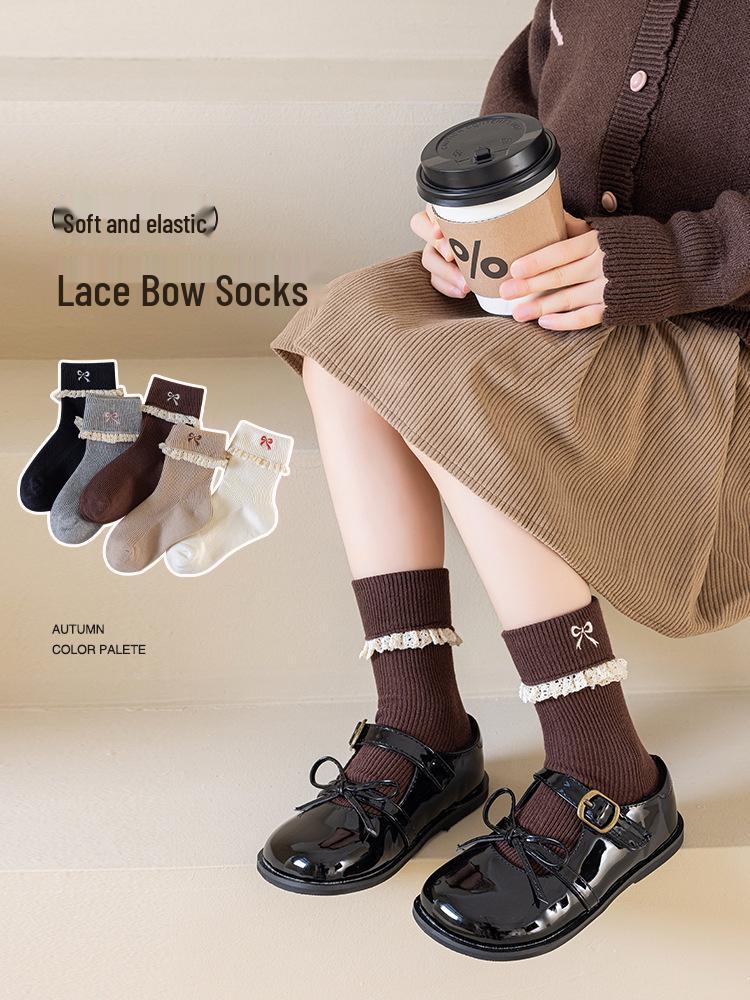 Girls' Cotton Mid-Calf Socks with Sweet Bowknot - Korean Style Lace Princess for Autumn and Spring