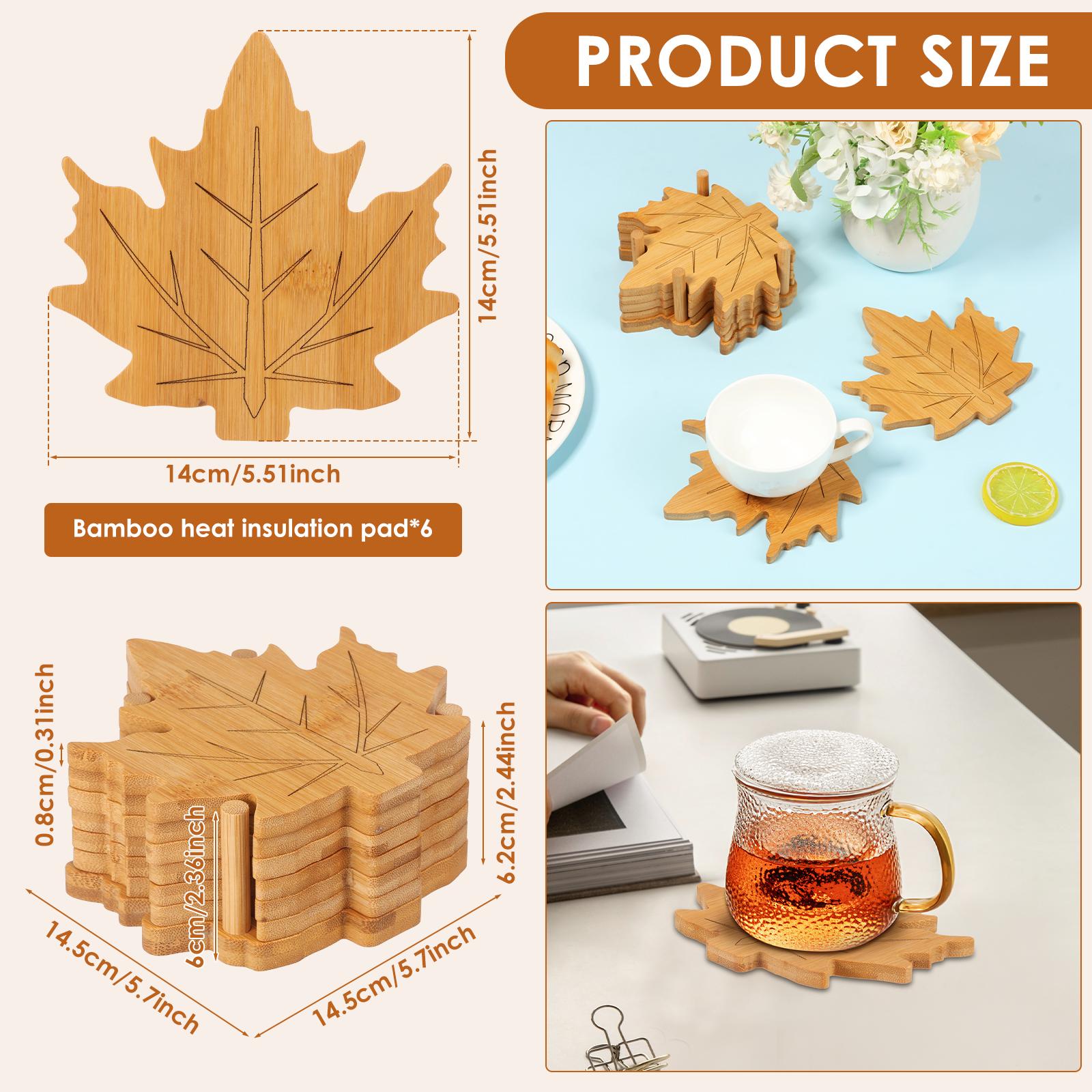 

6Pcs Bamboo Maple Leaf Style Cup Pad Heat Resistant Kettle Tea Coaster with Base Exquisite Dining Table Decoration for Kitchen