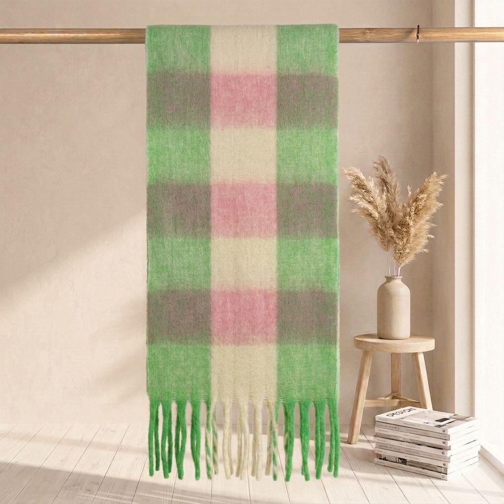 Women's High-Grade Colorful Plaid Mohair Scarf - Thick, Warm, and Versatile for Winter