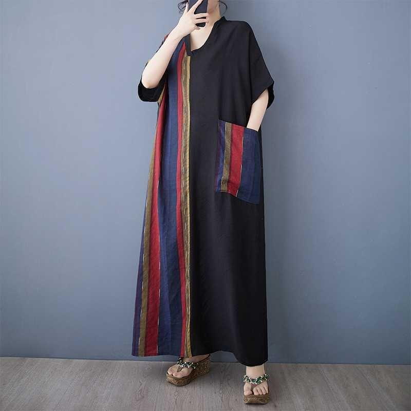 The Real Shot Is Summer New Fat and Thin Cotton and Linen To Cover The Belly and Look Short-sleeved Contrasting Color Splicing Long Dress for Women