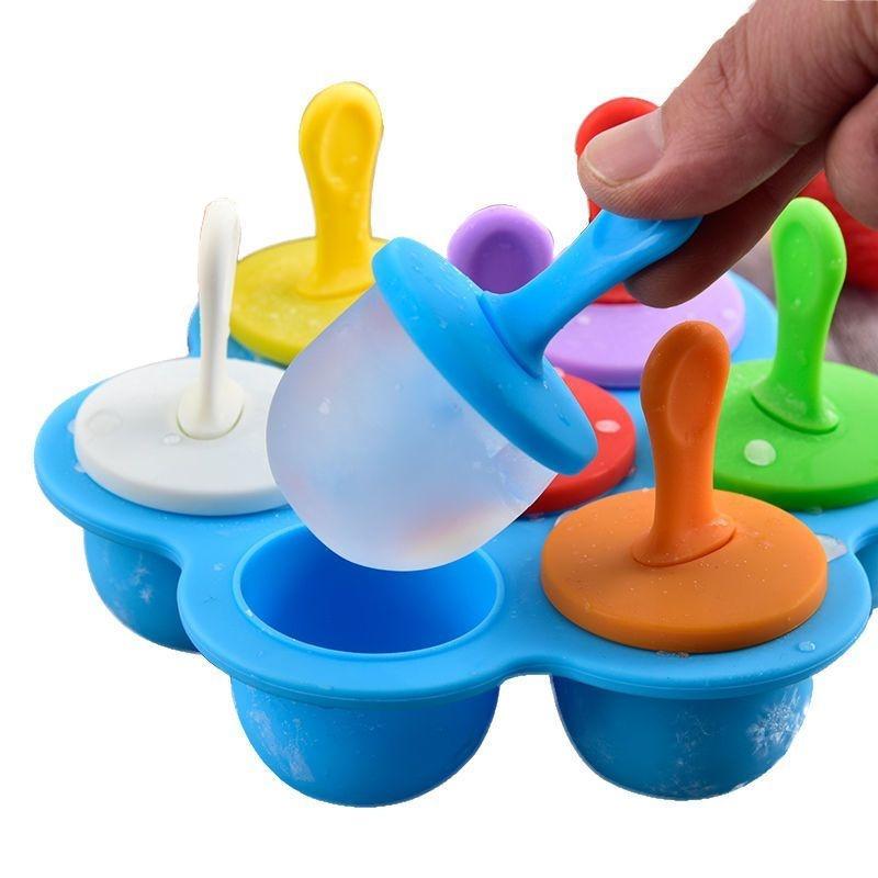 Colorful Popsicle Mold 7-Cavity Silicone Ice Cream Mold DIY Fruit Shake Maker with Handles and Tray Food Grade for Family Fun