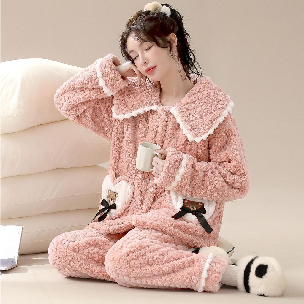 Coral Fleece Pajamas Autumn and Winter Thickened Fleece Large Size Spring and Autumn Flannel Loungewear Set