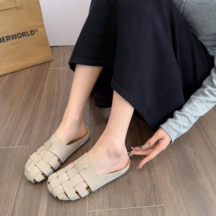 SyfIyno Summer New Women's Shoes for Outerwear, One Foot Sandals, Roman Woven M Ü Ller Hollow Flat Casual Women's Slippers