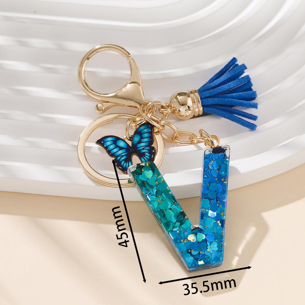 1pc Alloy Alphabet Initial Keychain Royal Blue Butterfly & Tassel Letter Keychain for Backpack Charm Accessory Key Ring Findings