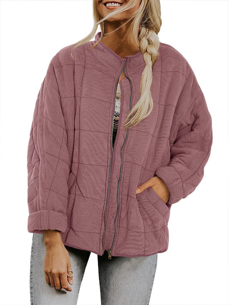 Women's Quilted Zip-Up Jacket with Square Stitch Design, Loose Fit, Multiple Color Options