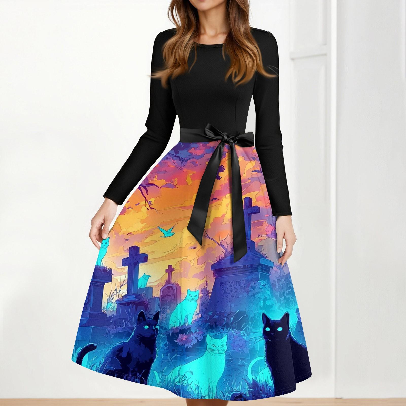 

Women s Casual Fashion Halloween Printed Round Neck Vintage Dress L темно-синього кольору