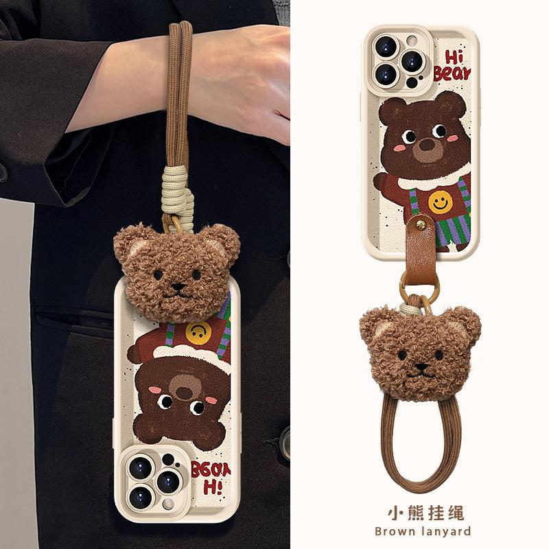 Cute bear doll lanyard suitable for Apple 11 mobile phone case 11PRO lambskin 11/11 matte silicone anti-drop