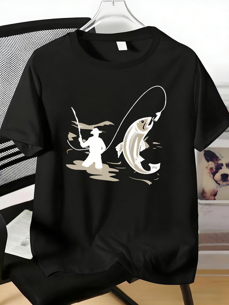 Mens Tee Fisherman Catching Big Fish Silhouette Print Cotton Short Sleeve Male Casual Streetwea