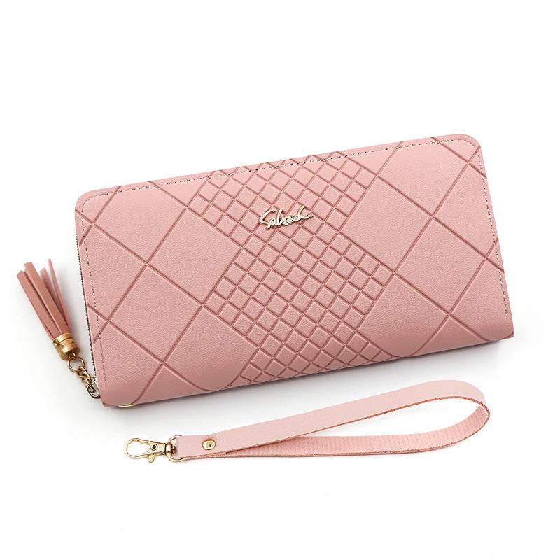 Korean-Style Women's Long Wallet with Hand Strap and Tassel Zipper Clutch