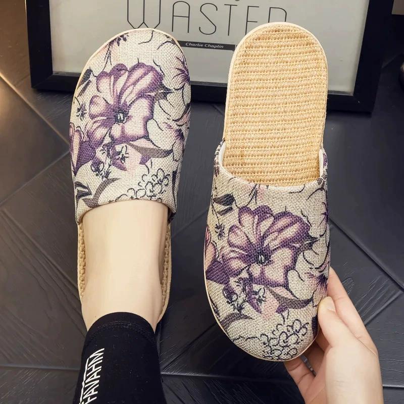 Indoor Comfortable Breathable Linen All Season Home Fabric Cool Slippers for Men and Women Couple's Flooring Soft Bottom Home Use