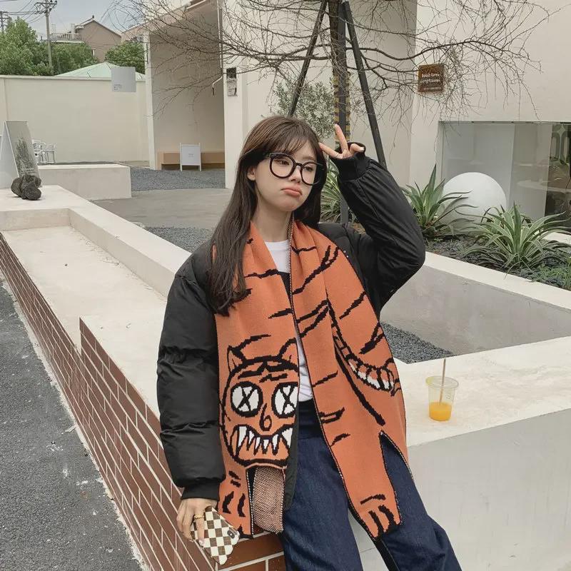 Korean Soft Girl Chic Scarf: Cute Knitted Tiger Wool Shawl for Students