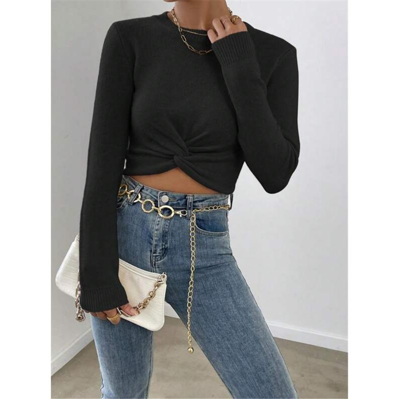 Women Slim Fit Cross Design Round Neck Long Sleeve Knit Sweater
