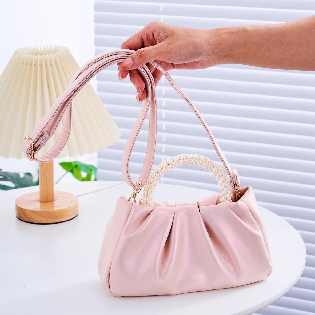 New Fashionable Textured Pearl Pearl Glossy Wrinkled Korean Style Sweet Cute Casual One-shoulder Crossbody Handbag