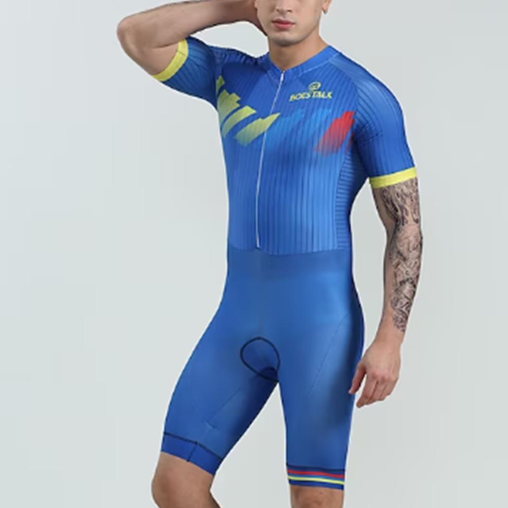 BOESTALK Men's Short-sleeved Triathlon Onesie Tights Green Striped Patchwork Polka Dot Cycling Suit