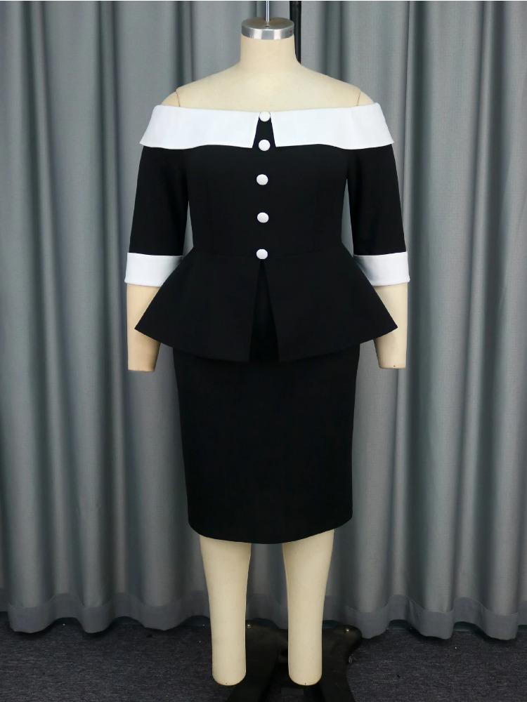 Elegant Off Shoulder Black Dress for Women Contrast Trim Button Detail Bodycon Midi Skirt Set Church Wedding Guest Formal Outfit