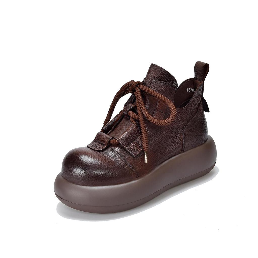 Johnature Retro Lace Up Platform Short Boots Genuine Leather Thick Soled Round Toe Women's Boots