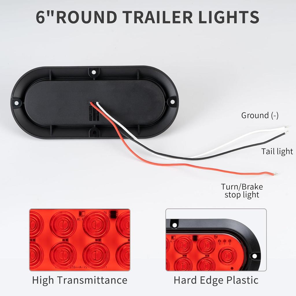 6 Inch Oval Red LED Trailer Tail Lights, 10 LEDs Surface Mount Stop Turn Brake Tail Lights, 12V DC Low High Brightness, Waterproof For Truck RV Boat