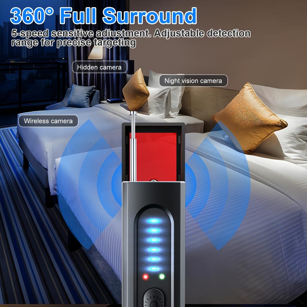 Detector profesional de camere ascunse, cu 6 niveluri de sensibilitate, 4 moduri de scanare, baterie de 72 de ore și reîncărcabil USB-C, dispozitiv portabil pentru protecția vieții private