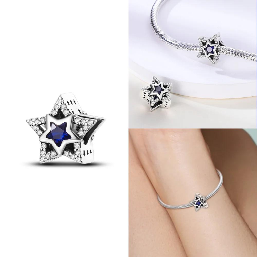 Exquisite Original Beautiful Blue Star Spaceship Heart Charms Copper Beads Fit Bracelet Women Jewelry Diy Fine Gift