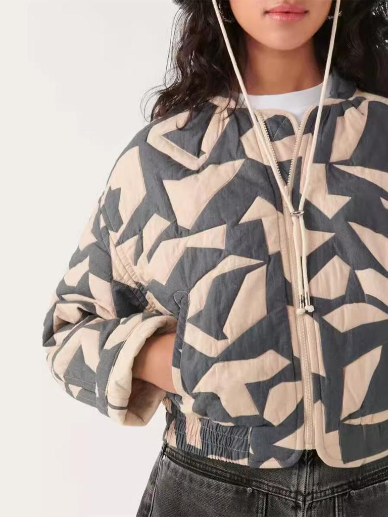 Nuovo Prodotto Stampato Imbottito con Cerniera Cappotto Francese Imbottito in Cotone Sottile Cappotto Imbottito in Cotone Largo a Maniche Lunghe Abbigliamento Corto in Cotone Goffrato da Donna