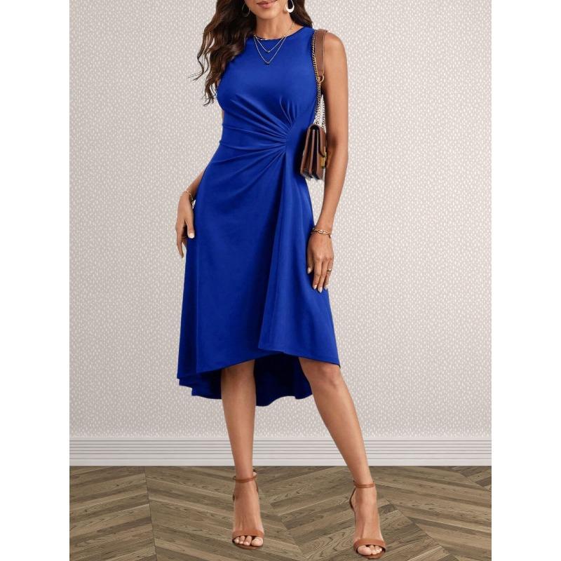 Solid Color Round Neck Sleeveless Pullover Midi Dress For Women Casual Commuting